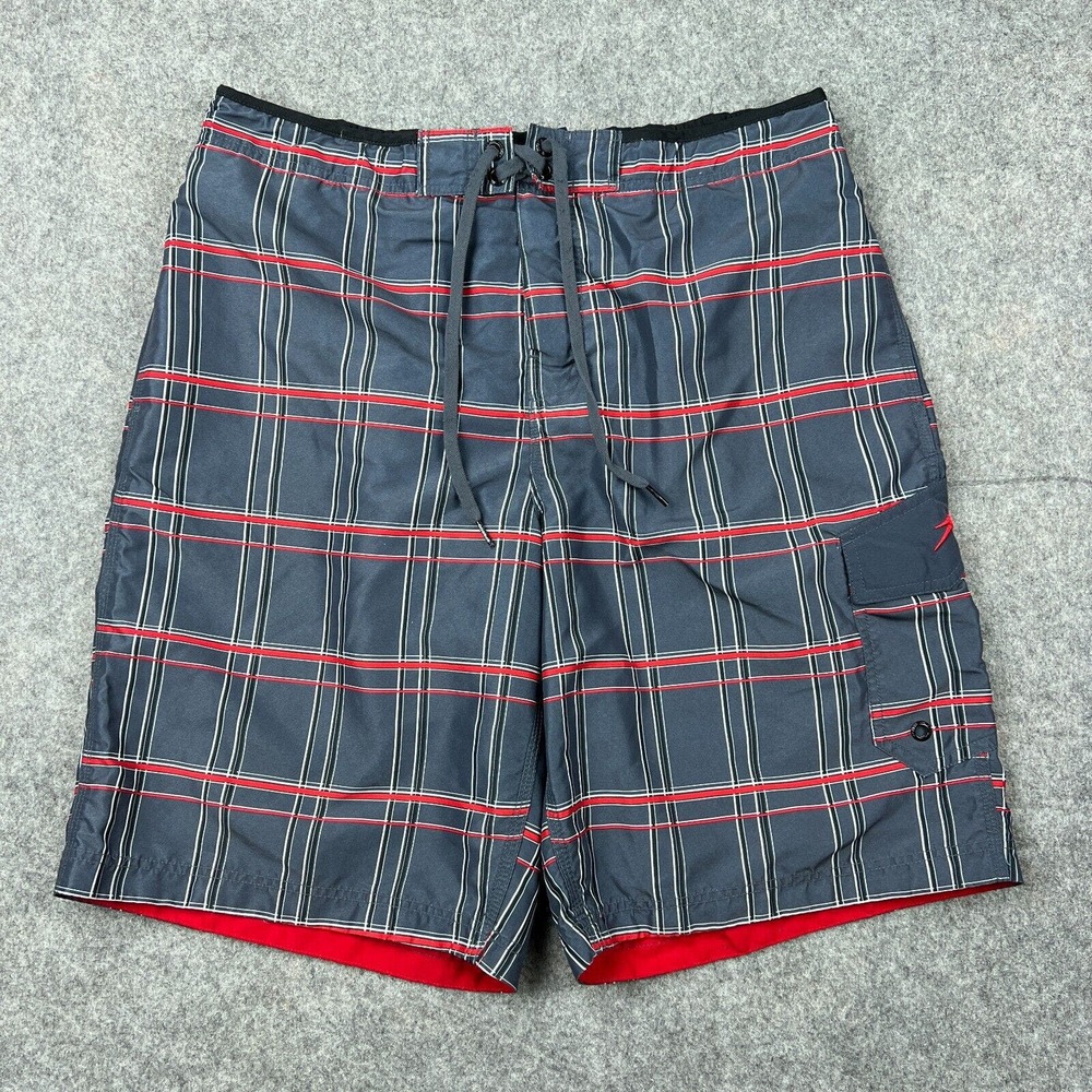 Speedo Swim Shorts Mens Large Gray Red Mesh Lined Bathing Suit Cargo Surf‎ Beach